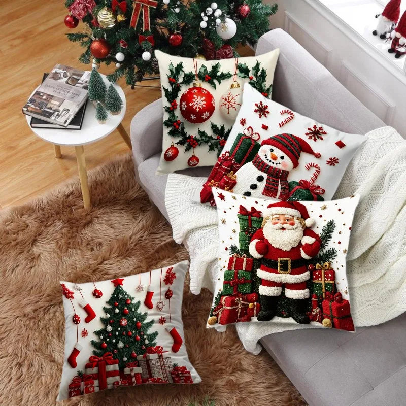 45x45cm Linen Plush Cartoon Snowman Pillowcase – Santa Claus Xmas Throw Pillow Cover, Merry Christmas 2025 & Happy New Year 2026 Décor