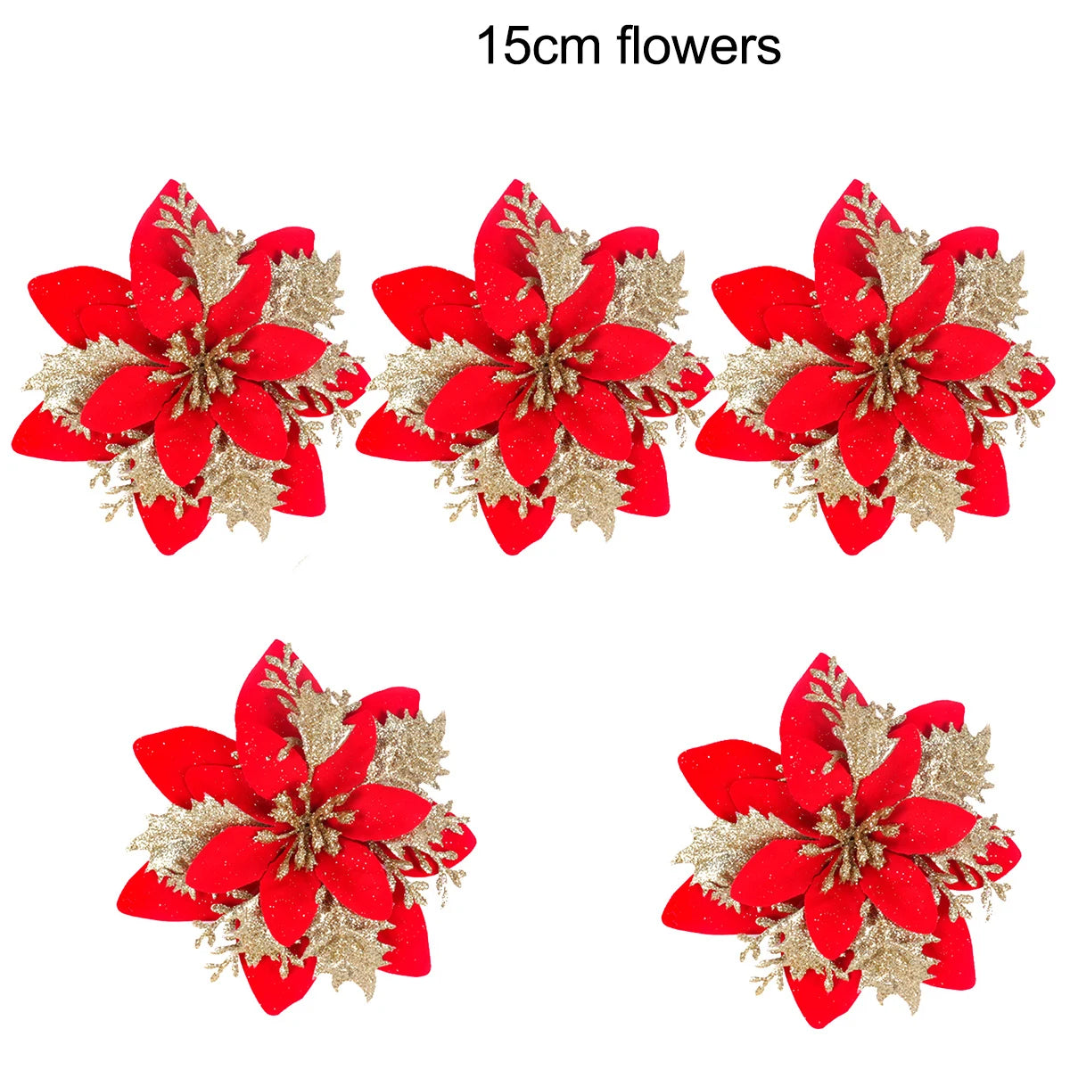 5-20PCS Sparkling Poinsettia Artificial Flowers – Red, Gold & Silver Christmas Tree Ornaments for Xmas & New Year Party Décor