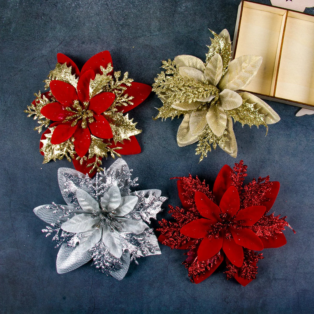 5-20PCS Sparkling Poinsettia Artificial Flowers – Red, Gold & Silver Christmas Tree Ornaments for Xmas & New Year Party Décor