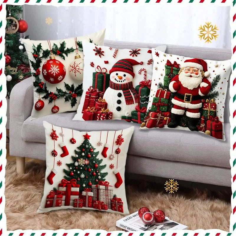 45x45cm Linen Plush Cartoon Snowman Pillowcase – Santa Claus Xmas Throw Pillow Cover, Merry Christmas 2025 & Happy New Year 2026 Décor