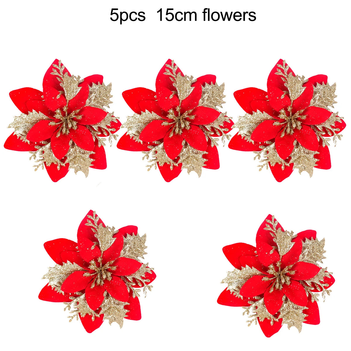 5-20PCS Sparkling Poinsettia Artificial Flowers – Red, Gold & Silver Christmas Tree Ornaments for Xmas & New Year Party Décor