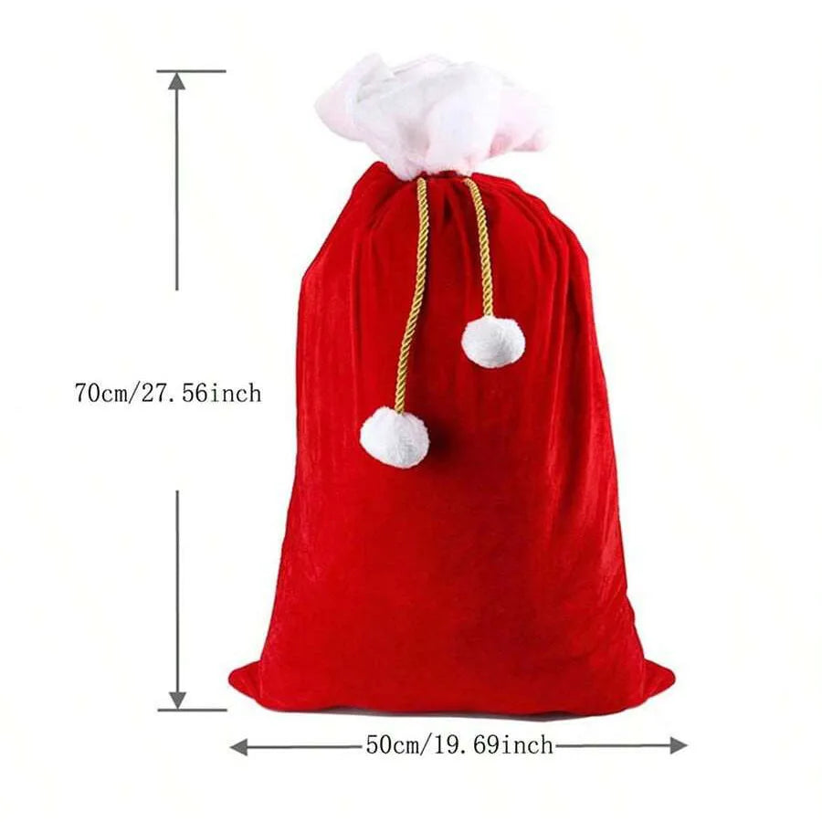 Large Red Velvet Christmas Bag with White Pompom – Fluffy Holiday Gift Storage Pouch for Presents & Festive Organizer