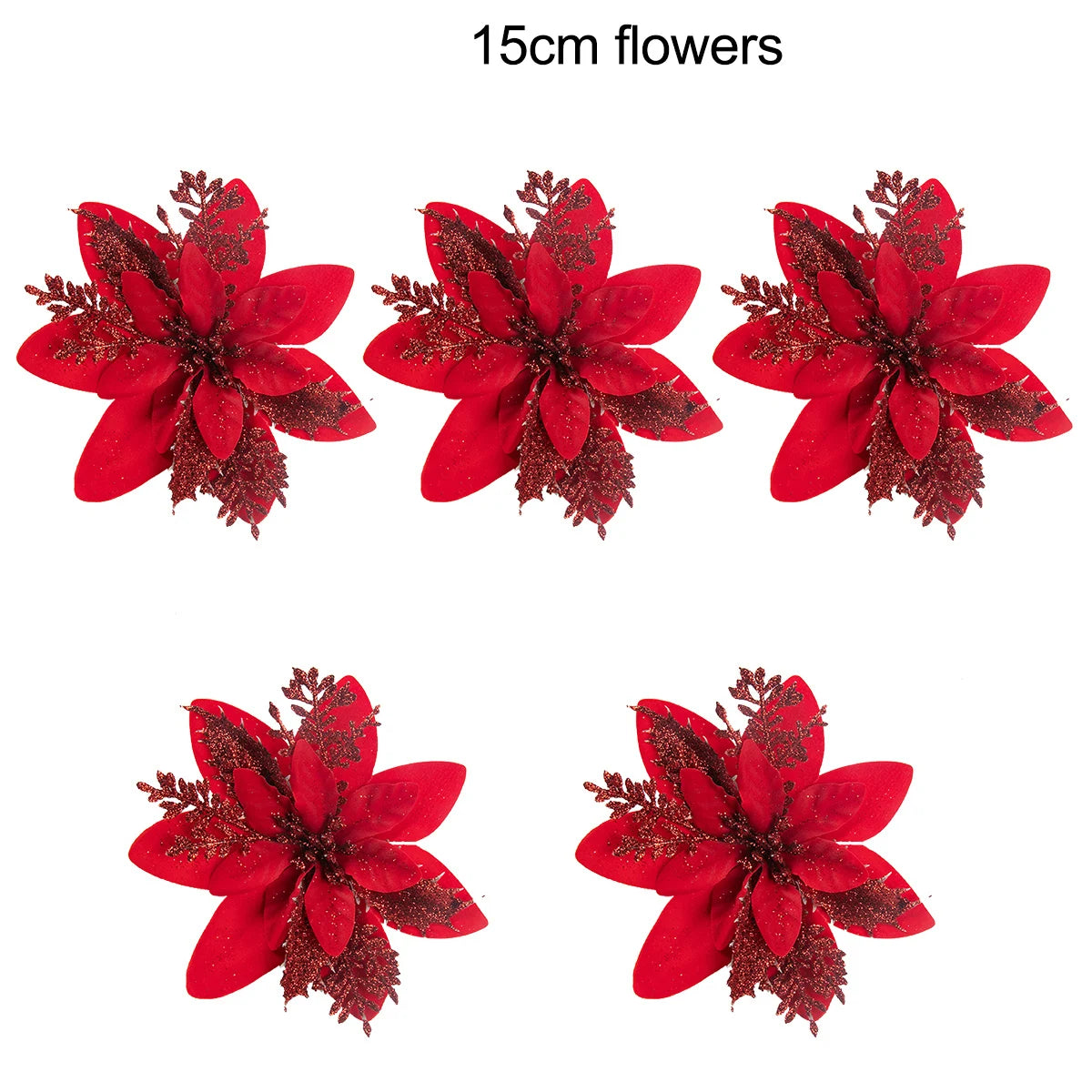 5-20PCS Sparkling Poinsettia Artificial Flowers – Red, Gold & Silver Christmas Tree Ornaments for Xmas & New Year Party Décor
