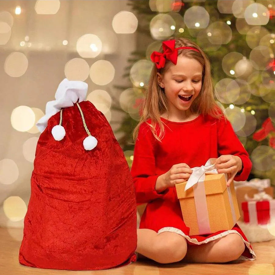 Large Red Velvet Christmas Bag with White Pompom – Fluffy Holiday Gift Storage Pouch for Presents & Festive Organizer