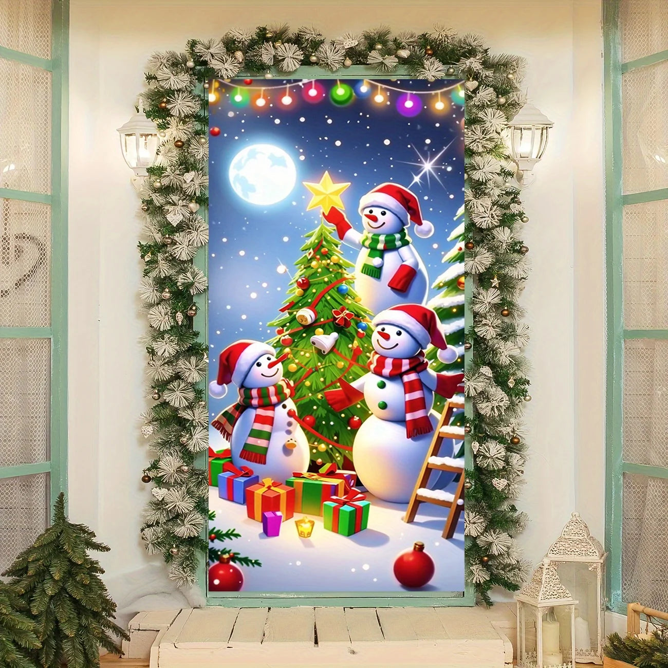 Christmas Door Decoration – Snowman Christmas Tree Frame, Washable Holiday Décor for Entrances & Outdoor Parties