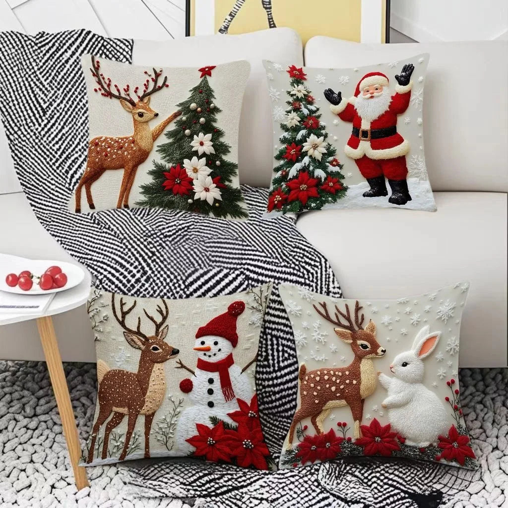 45x45cm Cartoon Christmas Pillow Cover – Elk, Santa Claus, Snowman & Xmas Tree Holiday Cushion Case, Merry Christmas 2025 & Happy New Year 2026 Décor