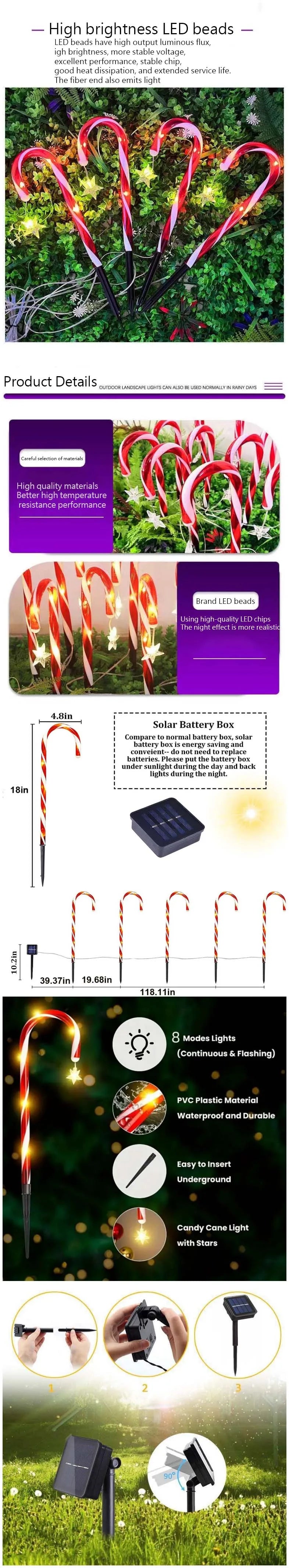8PCS Solar-Powered Garden Cane Lights – 8-Function Waterproof Decorative Christmas Candy Lights for Outdoor Yard & Holiday Décor