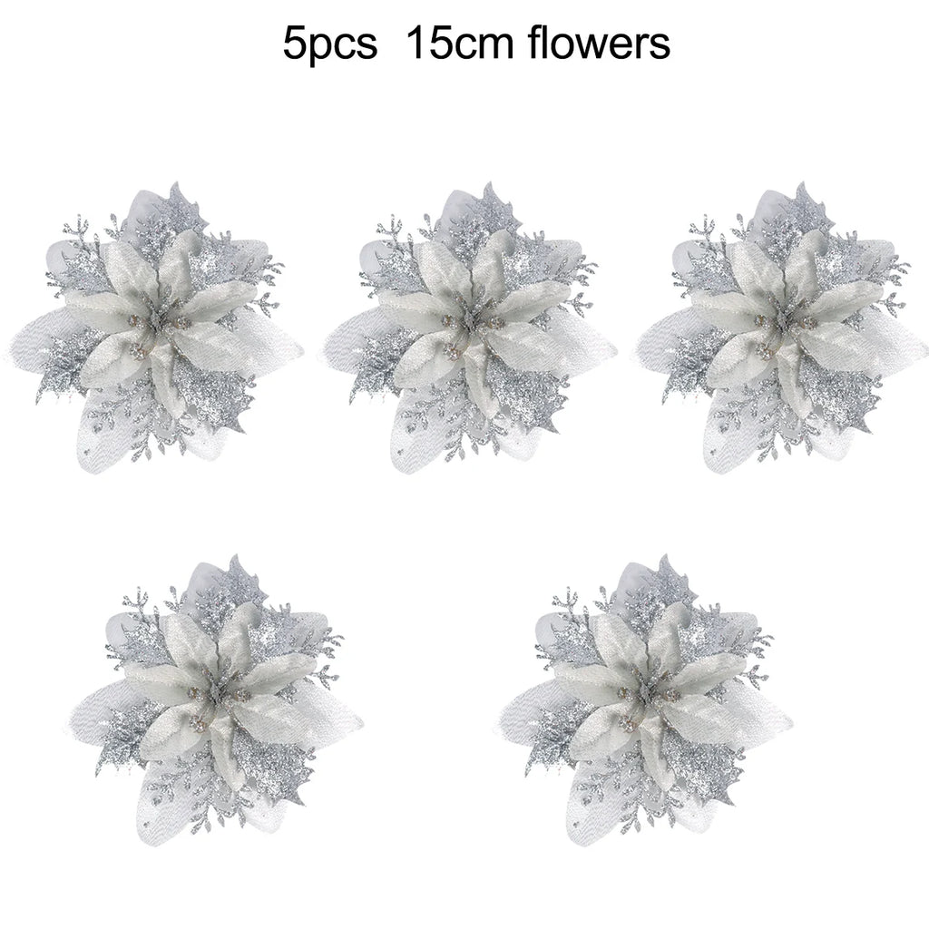 5-20PCS Sparkling Poinsettia Artificial Flowers – Red, Gold & Silver Christmas Tree Ornaments for Xmas & New Year Party Décor