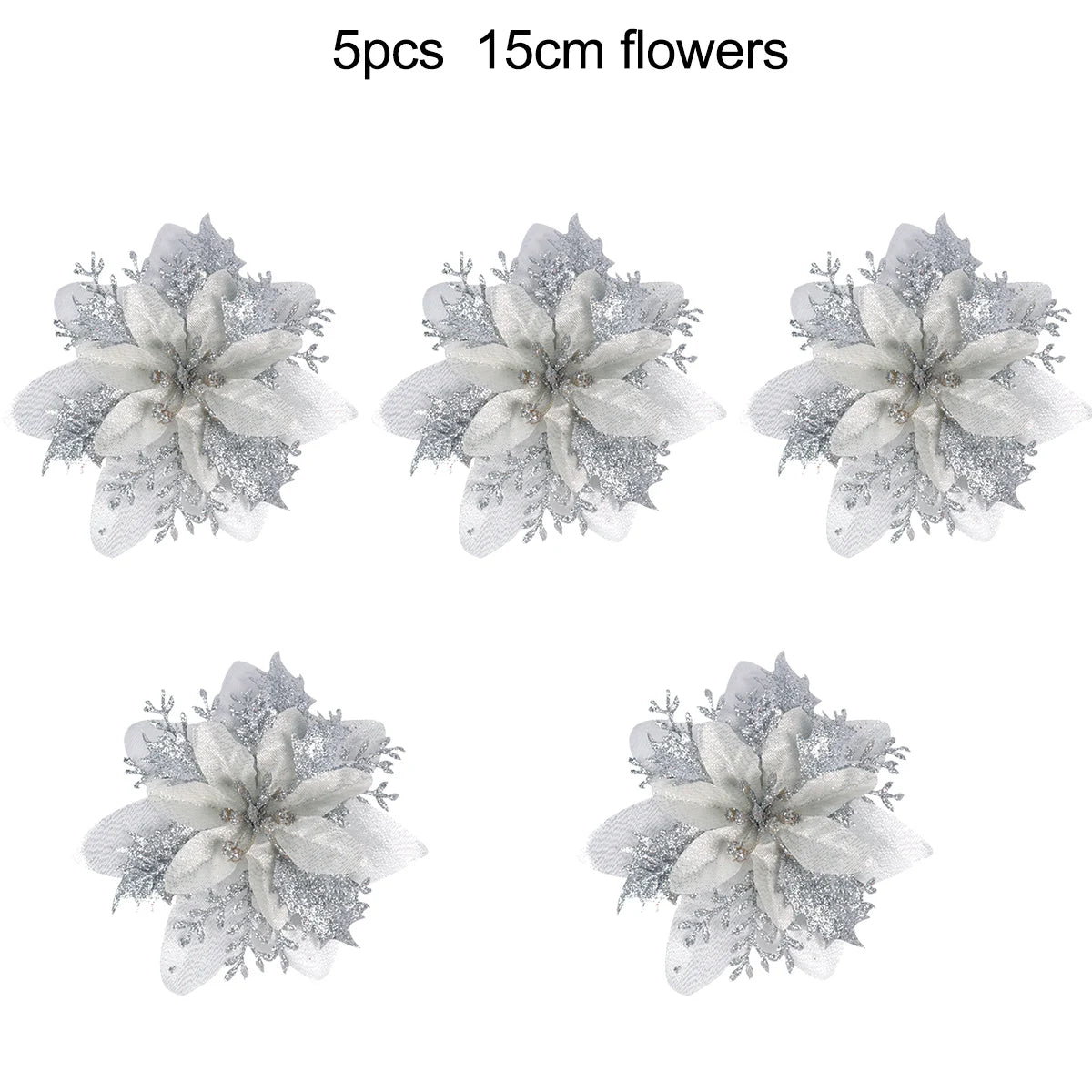 5-20PCS Sparkling Poinsettia Artificial Flowers – Red, Gold & Silver Christmas Tree Ornaments for Xmas & New Year Party Décor