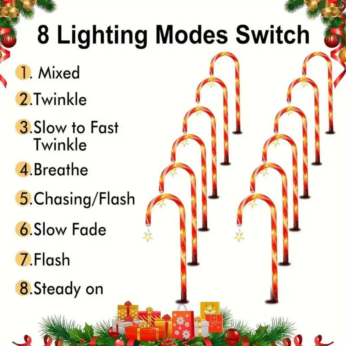 8PCS Solar-Powered Garden Cane Lights – 8-Function Waterproof Decorative Christmas Candy Lights for Outdoor Yard & Holiday Décor