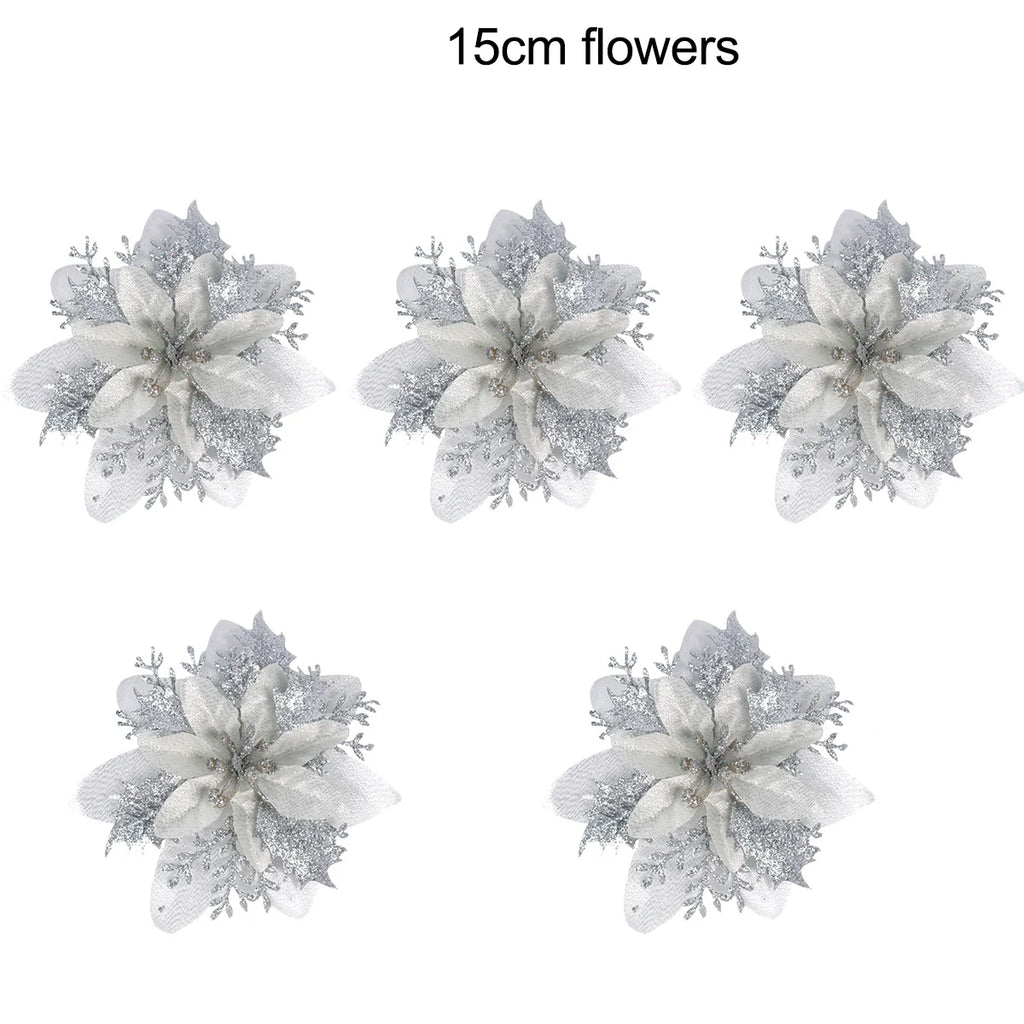 5-20PCS Sparkling Poinsettia Artificial Flowers – Red, Gold & Silver Christmas Tree Ornaments for Xmas & New Year Party Décor