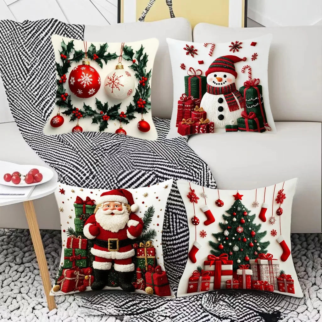 45x45cm Linen Plush Cartoon Snowman Pillowcase – Santa Claus Xmas Throw Pillow Cover, Merry Christmas 2025 & Happy New Year 2026 Décor