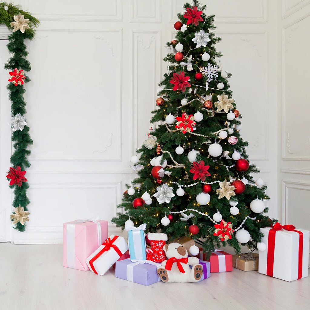 5-20PCS Sparkling Poinsettia Artificial Flowers – Red, Gold & Silver Christmas Tree Ornaments for Xmas & New Year Party Décor