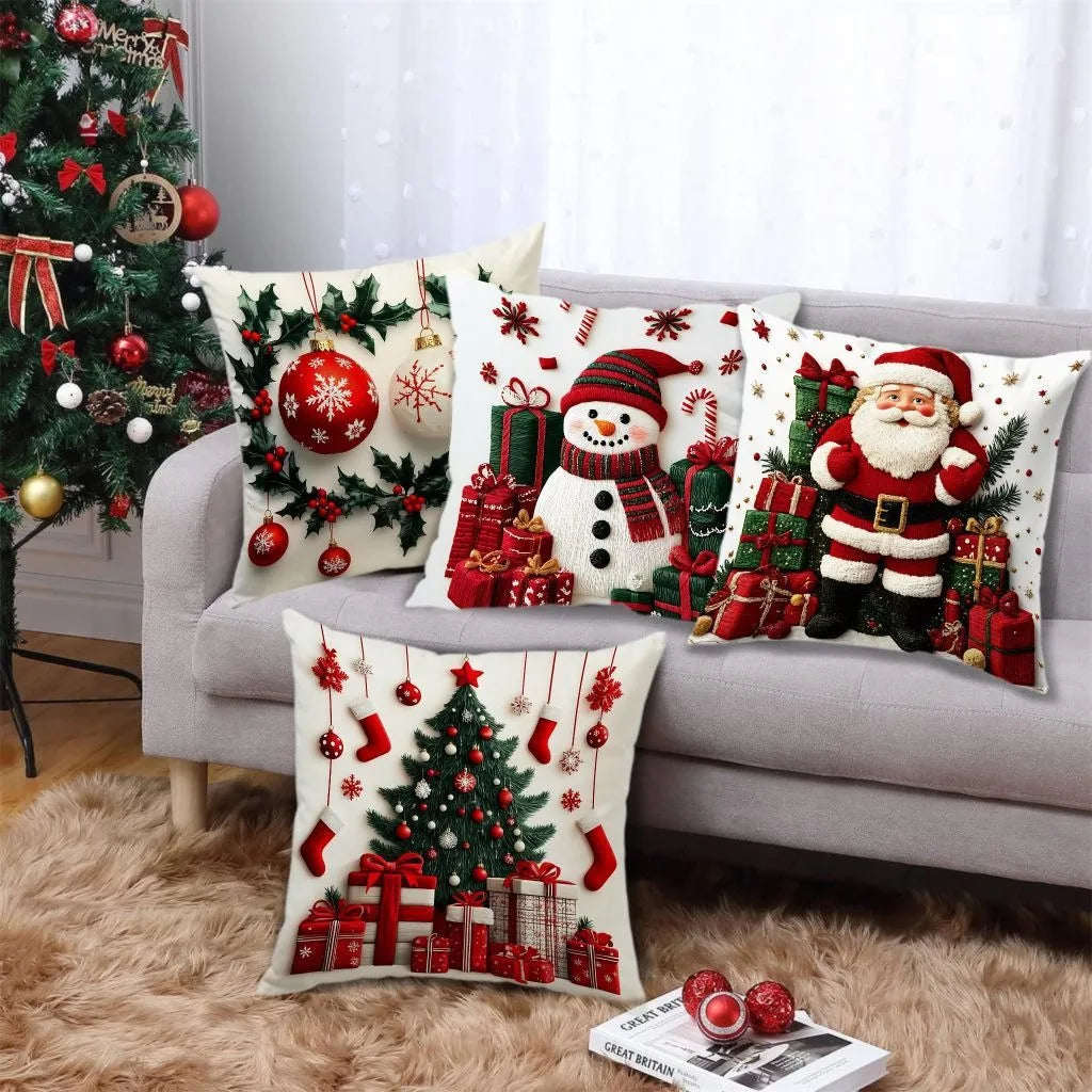 45x45cm Linen Plush Cartoon Snowman Pillowcase – Santa Claus Xmas Throw Pillow Cover, Merry Christmas 2025 & Happy New Year 2026 Décor