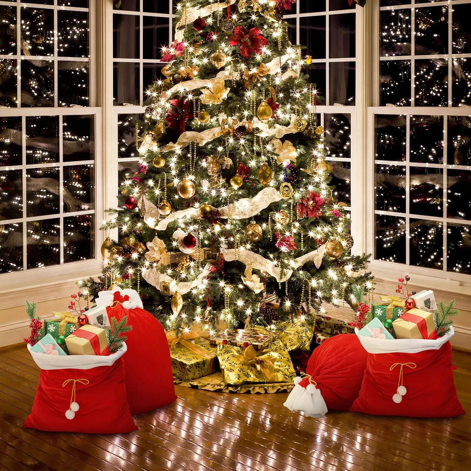 Large Red Velvet Christmas Bag with White Pompom – Fluffy Holiday Gift Storage Pouch for Presents & Festive Organizer