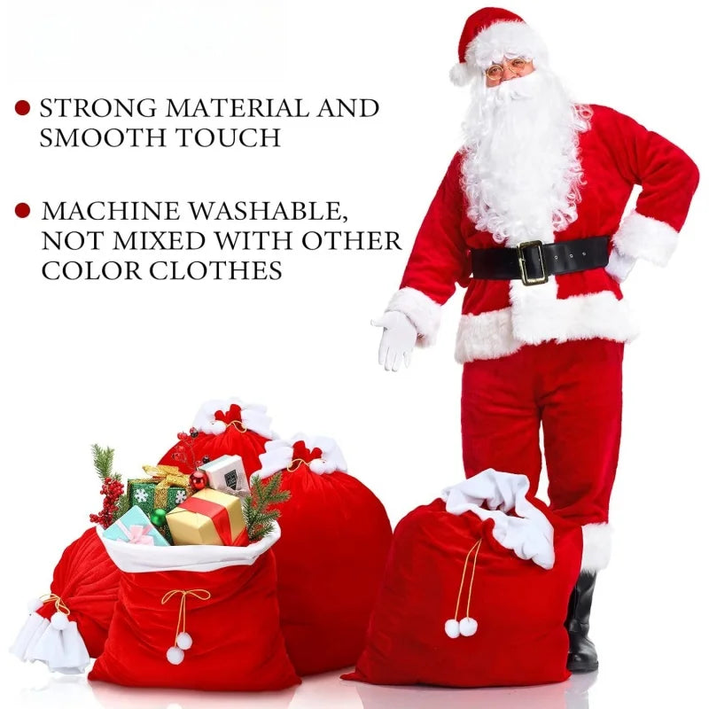 Large Red Velvet Christmas Bag with White Pompom – Fluffy Holiday Gift Storage Pouch for Presents & Festive Organizer