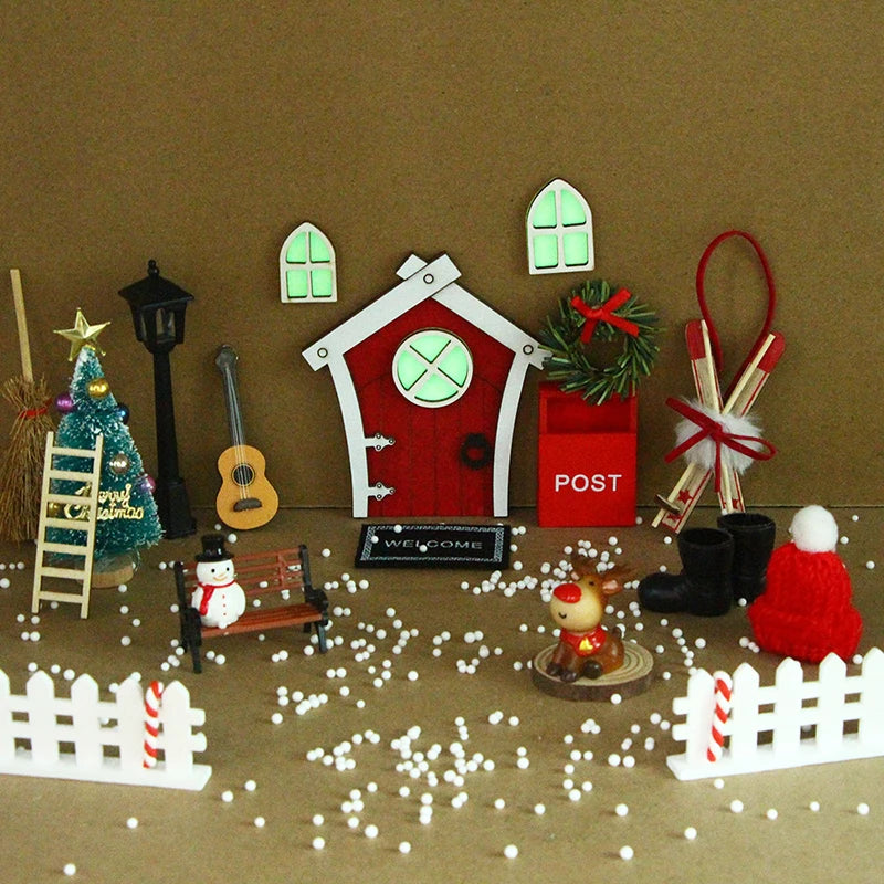 Mini Wooden Garden Fairy Gnome Luminous Night Elf Retro Door Chrismas Decor Miniature Figurines House Scene Model Decoration