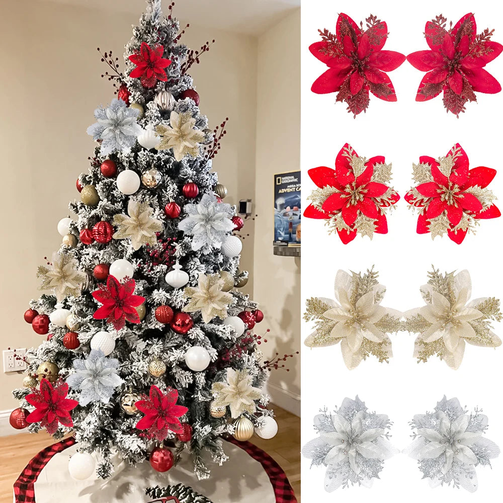5-20PCS Sparkling Poinsettia Artificial Flowers – Red, Gold & Silver Christmas Tree Ornaments for Xmas & New Year Party Décor