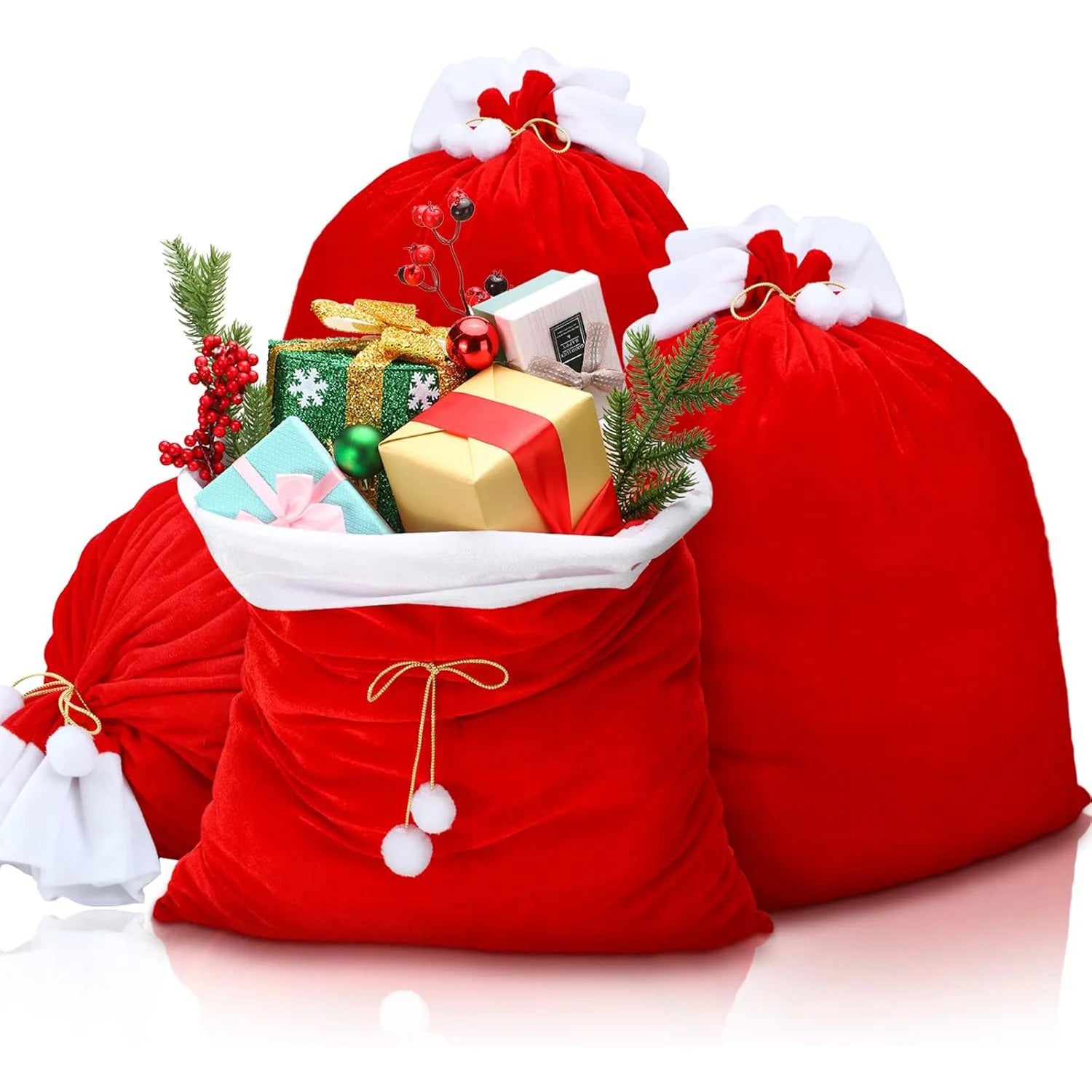 Large Red Velvet Christmas Bag with White Pompom – Fluffy Holiday Gift Storage Pouch for Presents & Festive Organizer