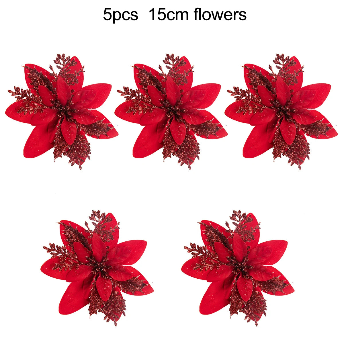 5-20PCS Sparkling Poinsettia Artificial Flowers – Red, Gold & Silver Christmas Tree Ornaments for Xmas & New Year Party Décor