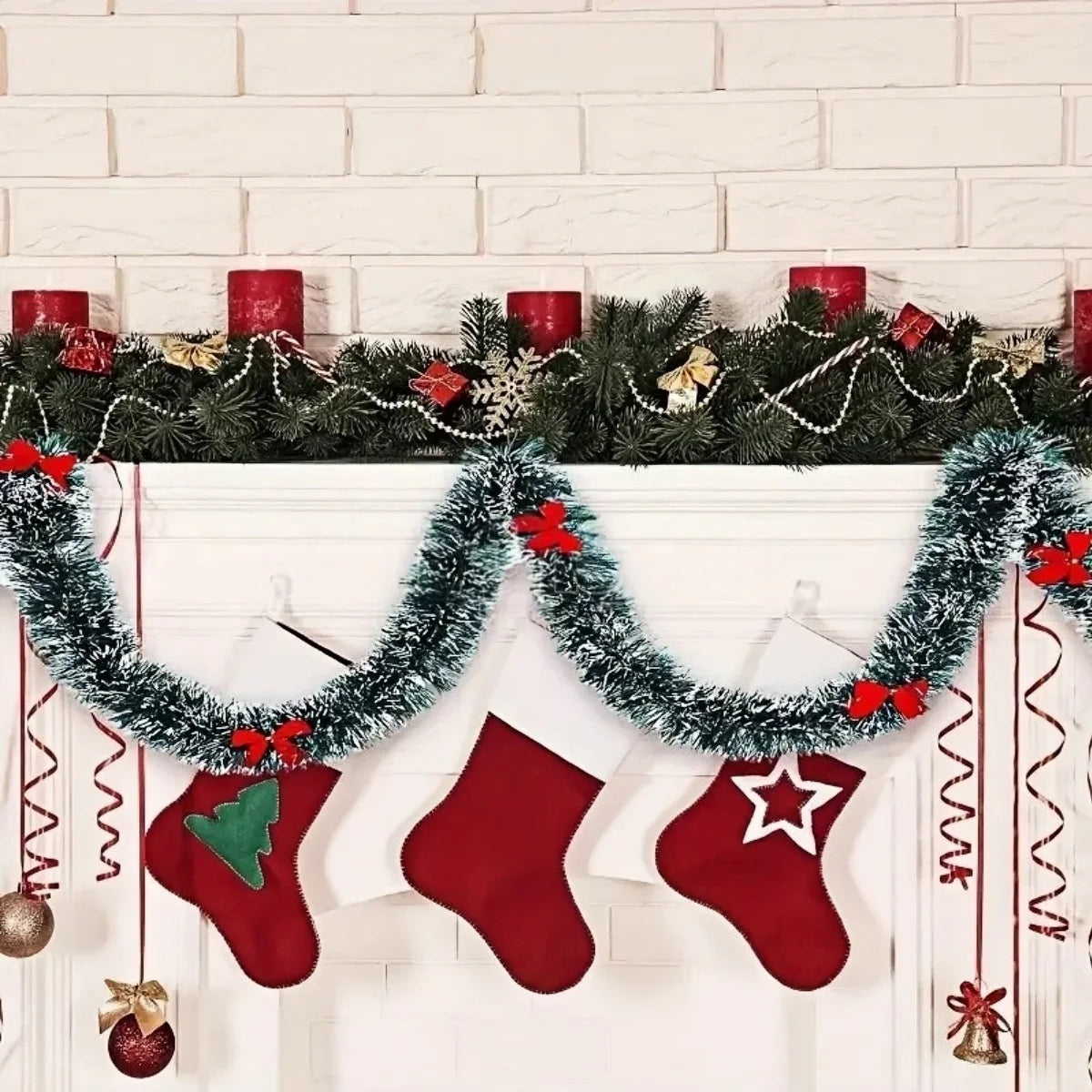 10M Green Christmas Garland with Red Ornaments – Holiday Décor for Tree, Home & Parties