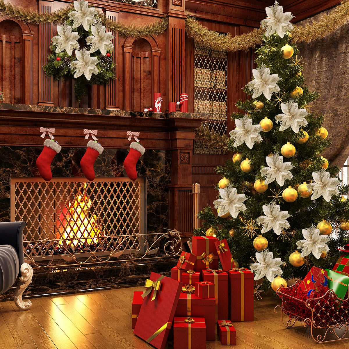 5-20PCS Sparkling Poinsettia Artificial Flowers – Red, Gold & Silver Christmas Tree Ornaments for Xmas & New Year Party Décor