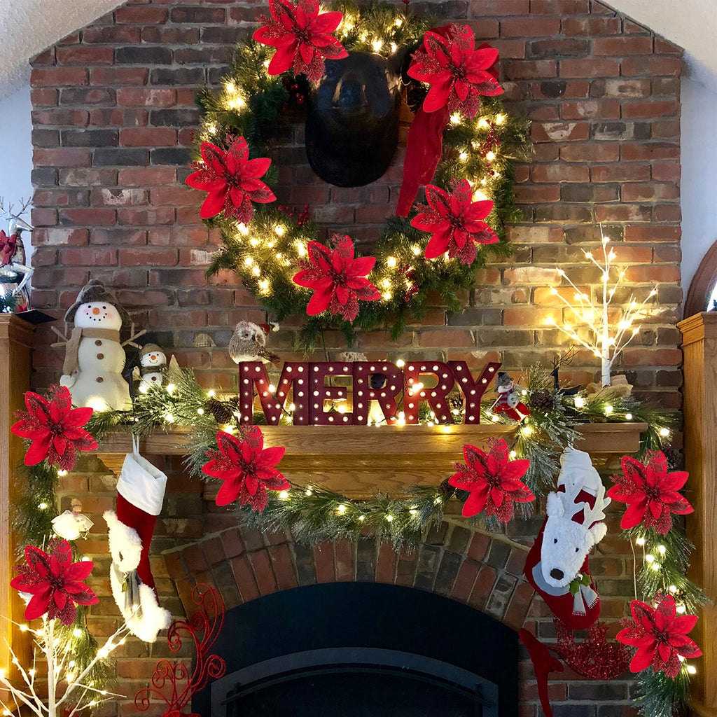 5-20PCS Sparkling Poinsettia Artificial Flowers – Red, Gold & Silver Christmas Tree Ornaments for Xmas & New Year Party Décor