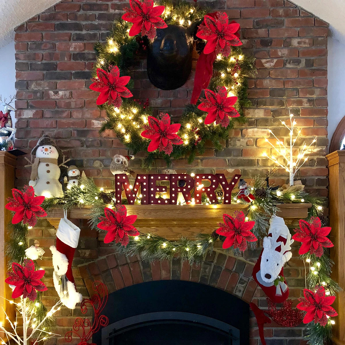 5-20PCS Sparkling Poinsettia Artificial Flowers – Red, Gold & Silver Christmas Tree Ornaments for Xmas & New Year Party Décor