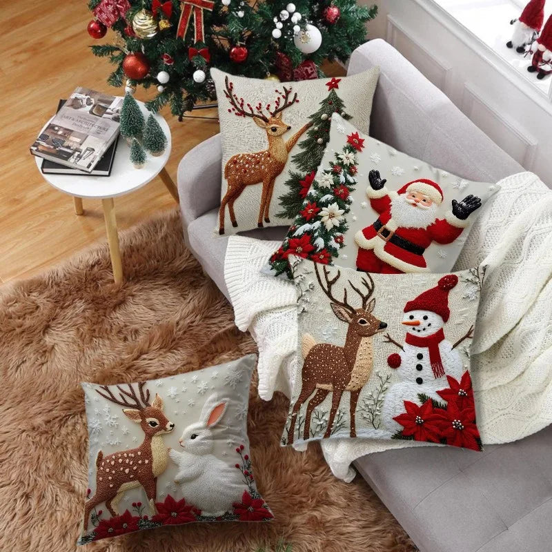 45x45cm Cartoon Christmas Pillow Cover – Elk, Santa Claus, Snowman & Xmas Tree Holiday Cushion Case, Merry Christmas 2025 & Happy New Year 2026 Décor