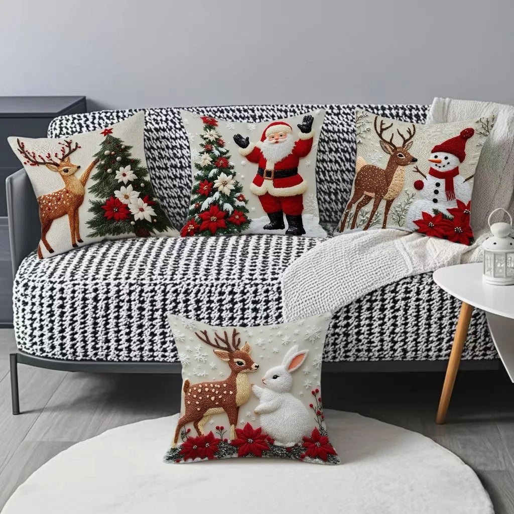 45x45cm Cartoon Christmas Pillow Cover – Elk, Santa Claus, Snowman & Xmas Tree Holiday Cushion Case, Merry Christmas 2025 & Happy New Year 2026 Décor