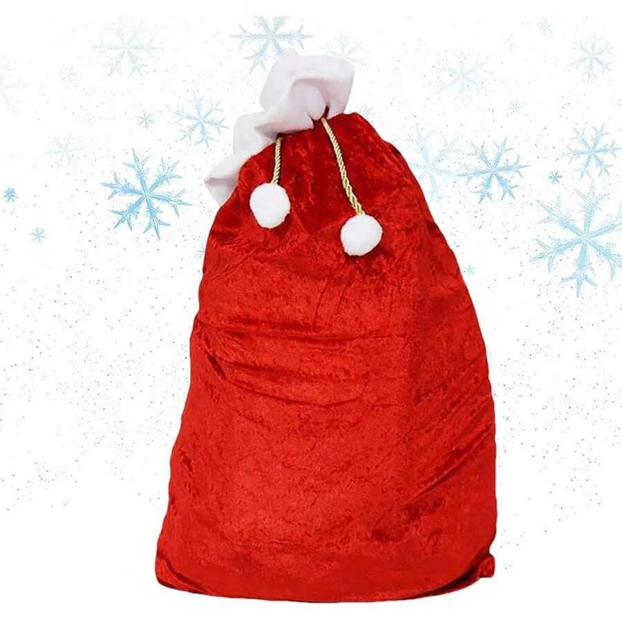 Large Red Velvet Christmas Bag with White Pompom – Fluffy Holiday Gift Storage Pouch for Presents & Festive Organizer
